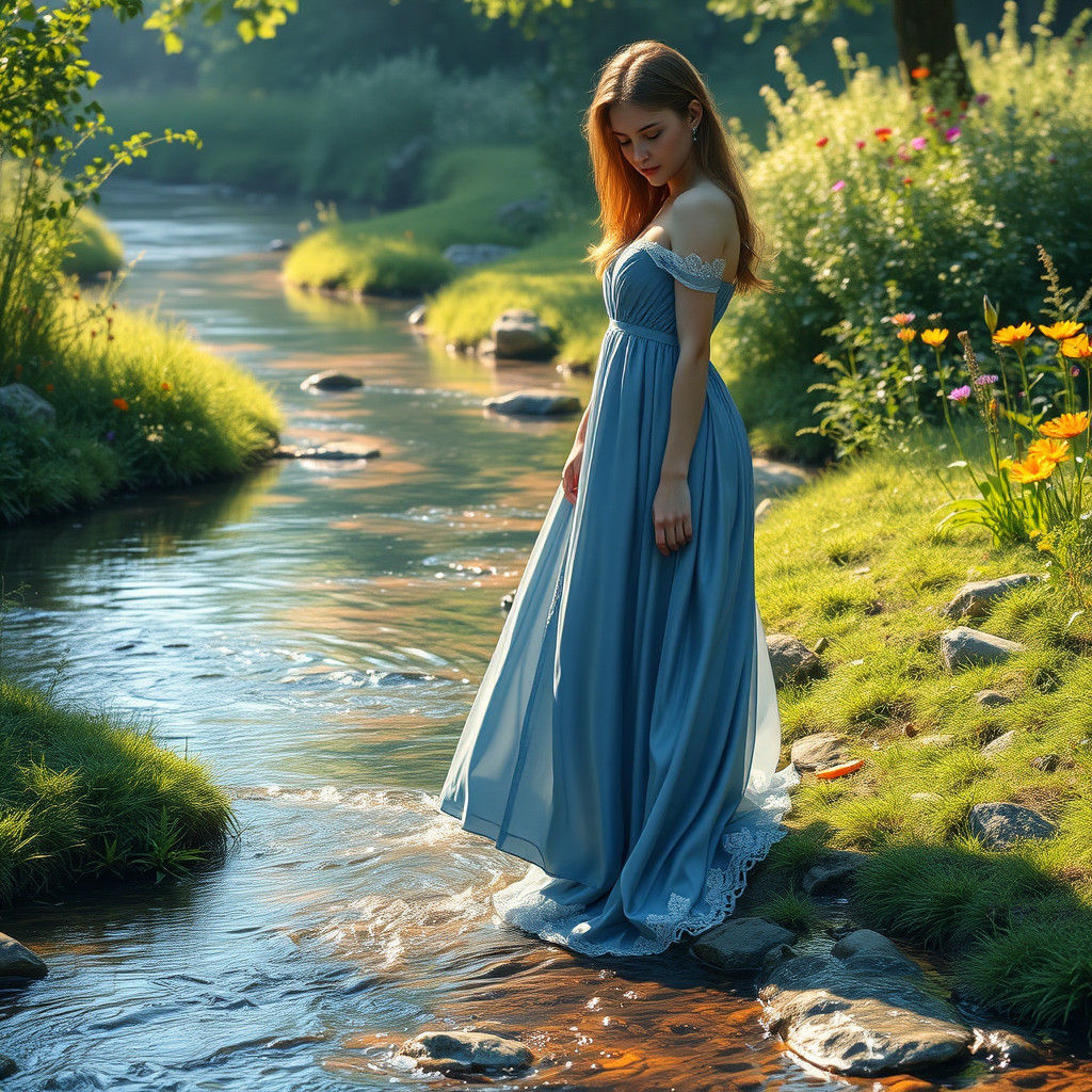 Woman in Blue Gown Dipping Toes in Stream