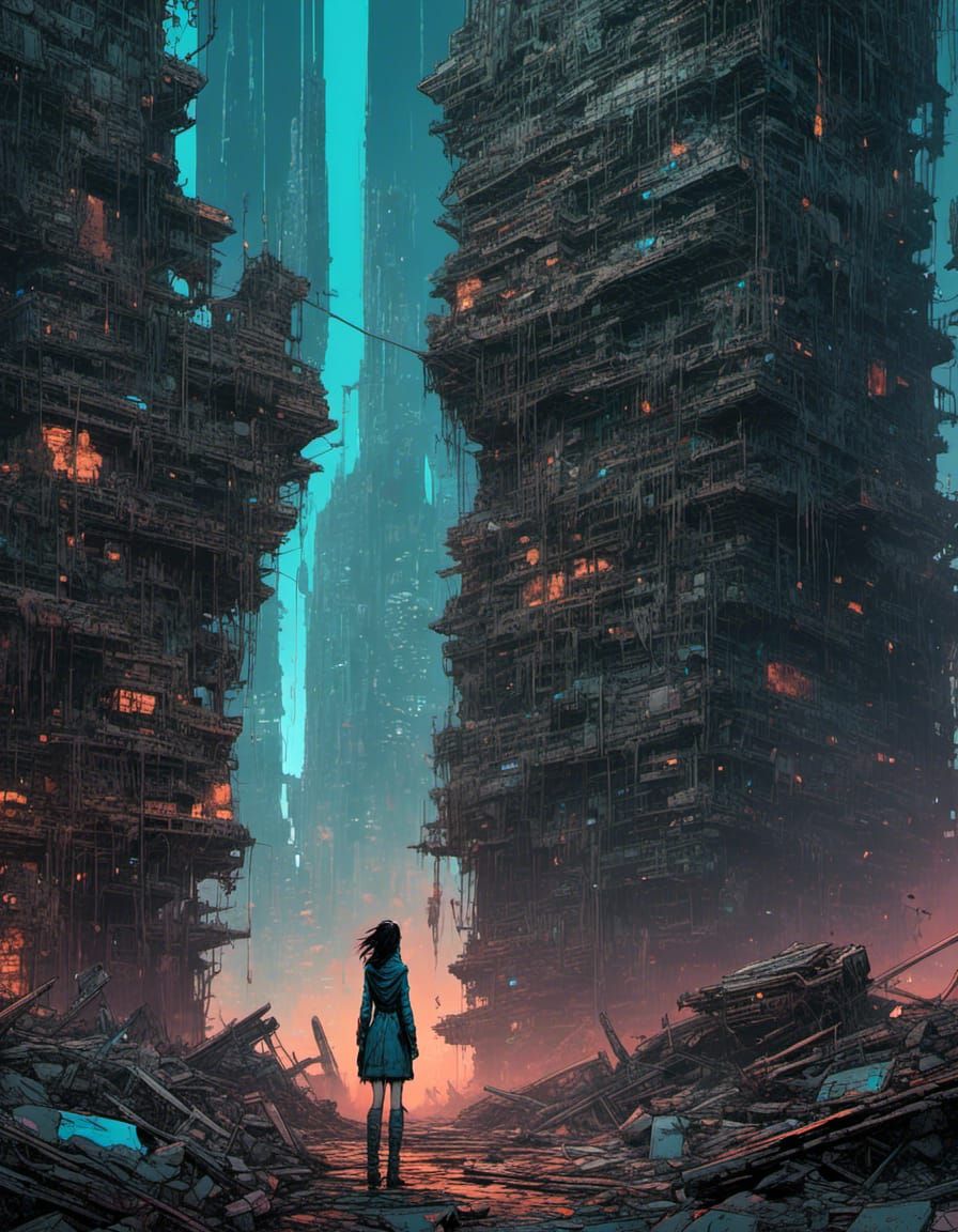 Cyborg Woman Cries in Ruined Building