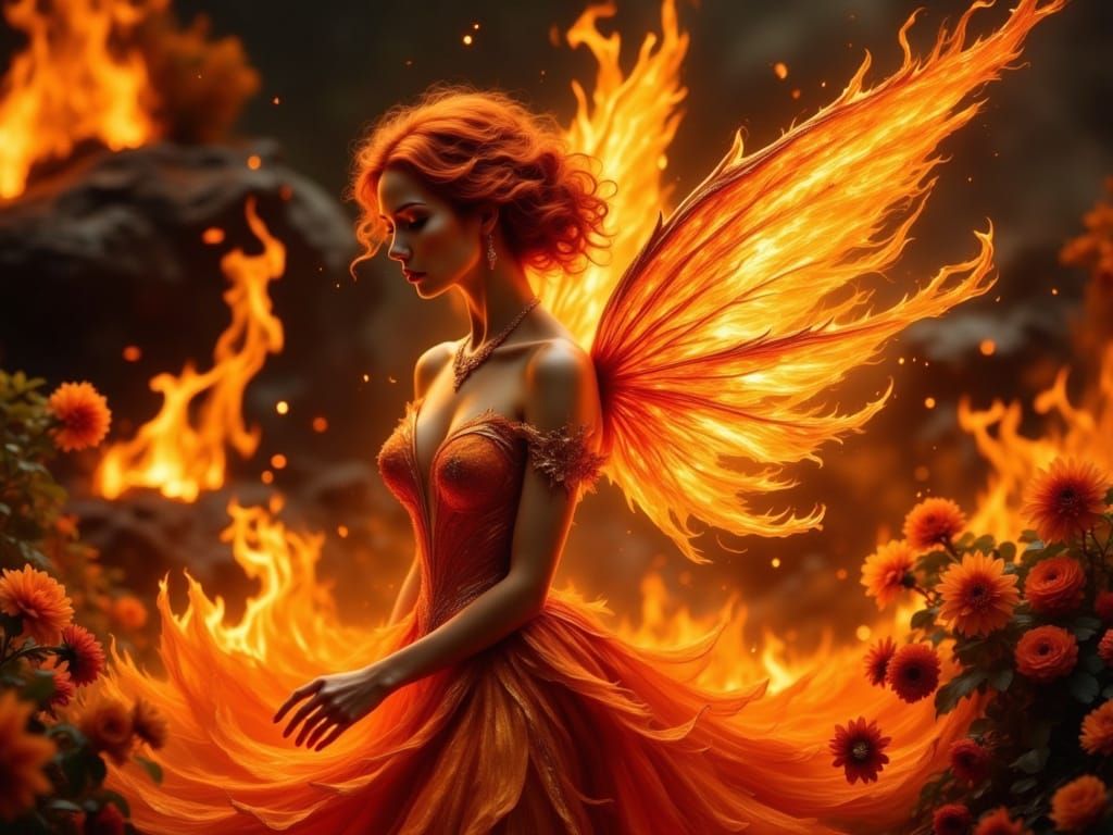 Fiery Fantasy Fairy Angel in Photorealistic Style