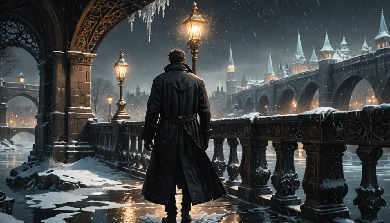 Man on Bridge in Snowy Dark Fantasy Art
