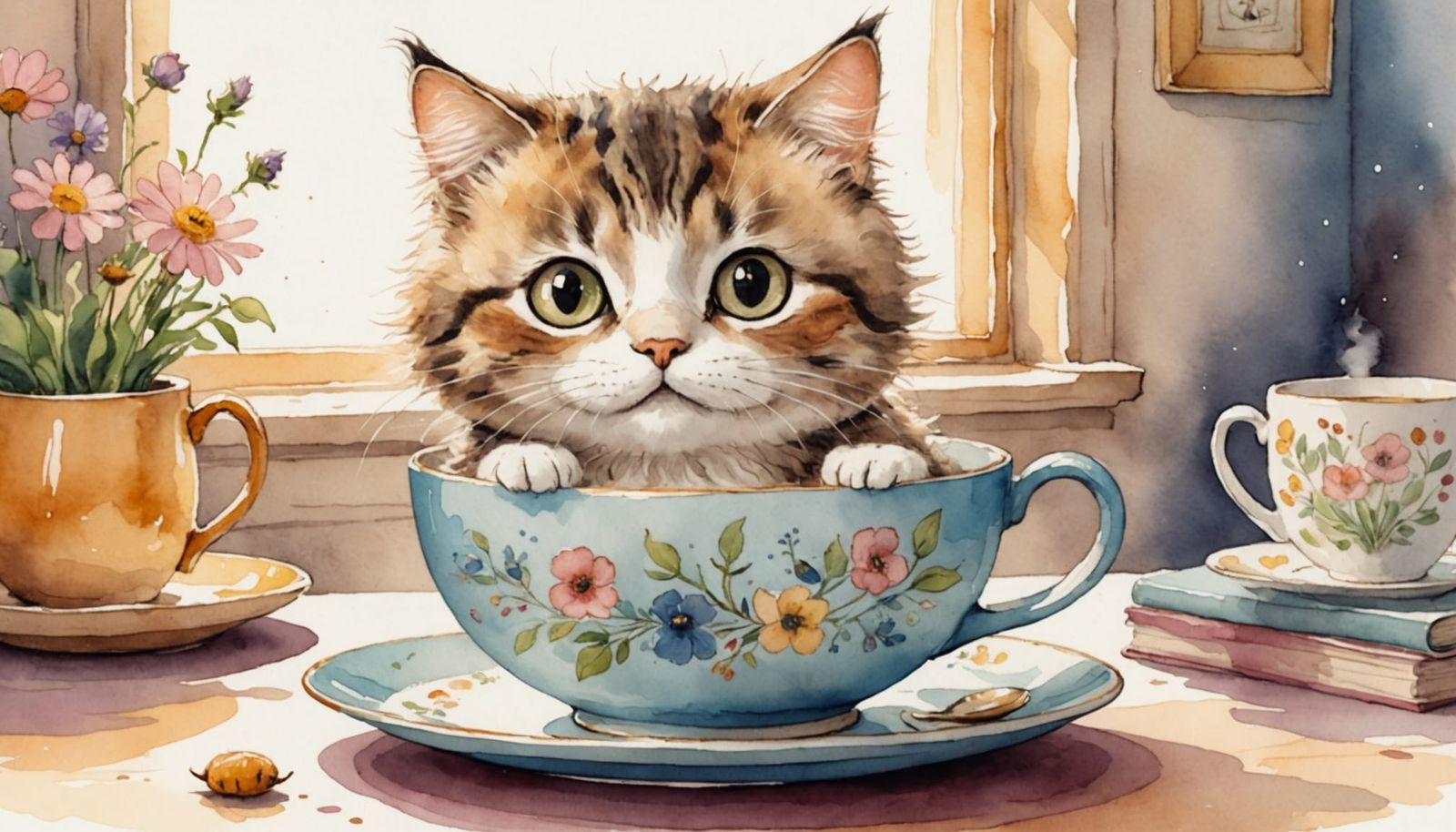 Whimsical Teacup Cat Illustration in Pastel Colors