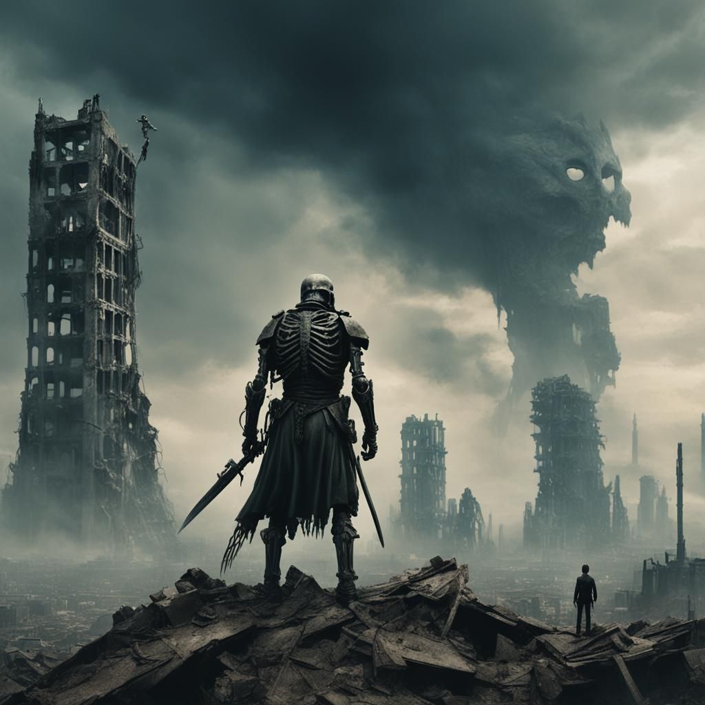 Skeletal Warrior in Post-Apocalyptic Wasteland