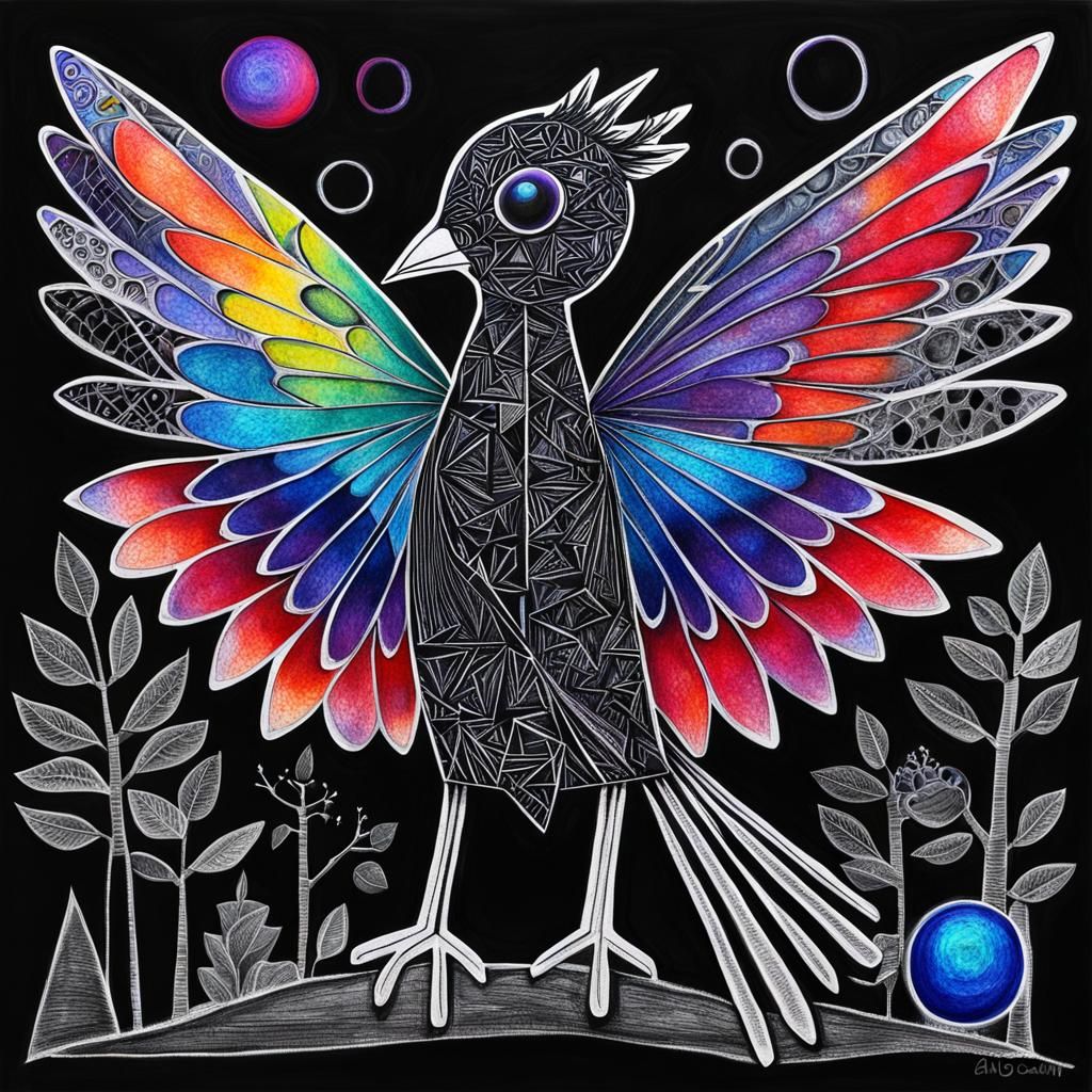 Cubist Goth Fairy Bird with Geometric Wings
