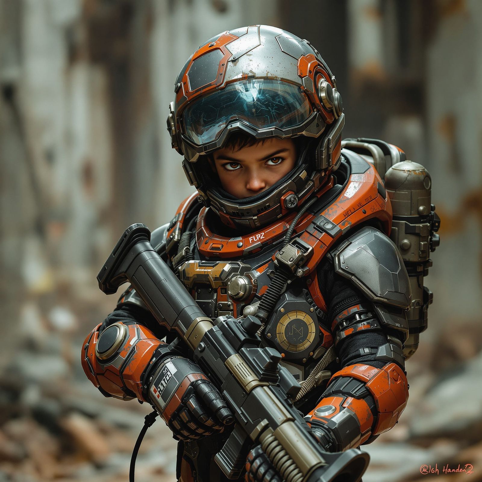 Boy in Futuristic Exosuit with Rocket Launcher