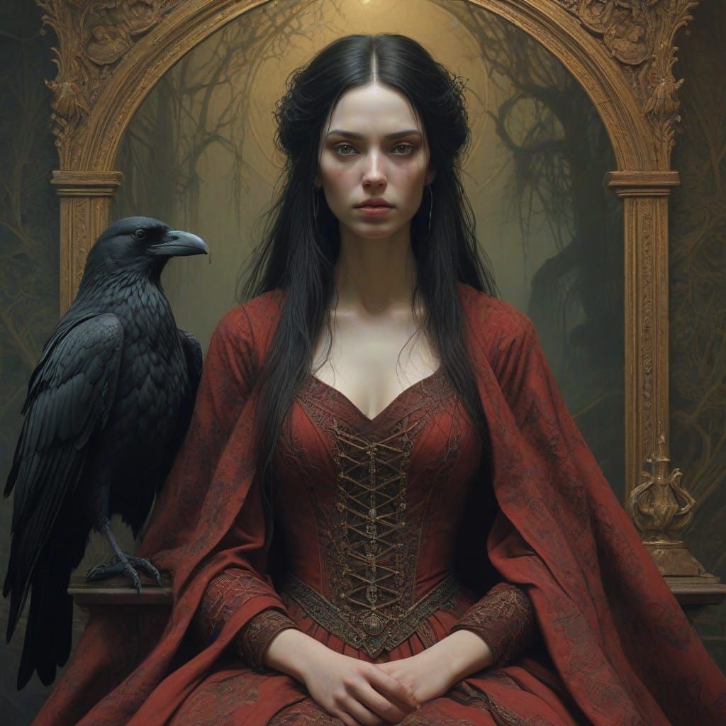 Regal Woman in Gothic Tapestry with Dark Mystical Forces