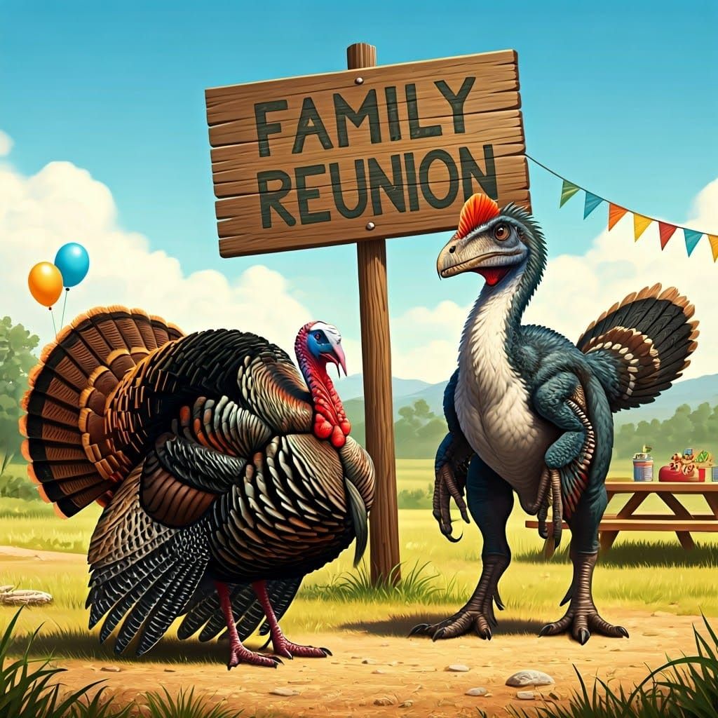 Whimsical Family Reunion of Fossilized Ancestor and Wild Tur...