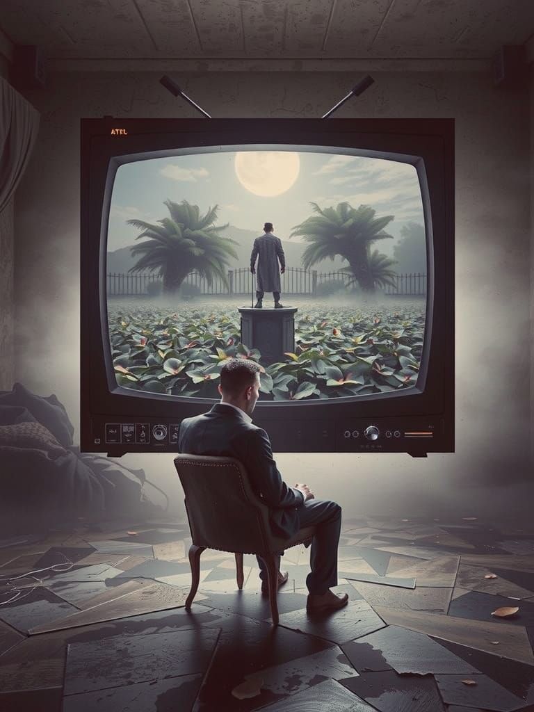 A man in a worn, leather armchair sits outside in a dimly lit, moonlit garden, surrounded by lush greenery, lost in thou...