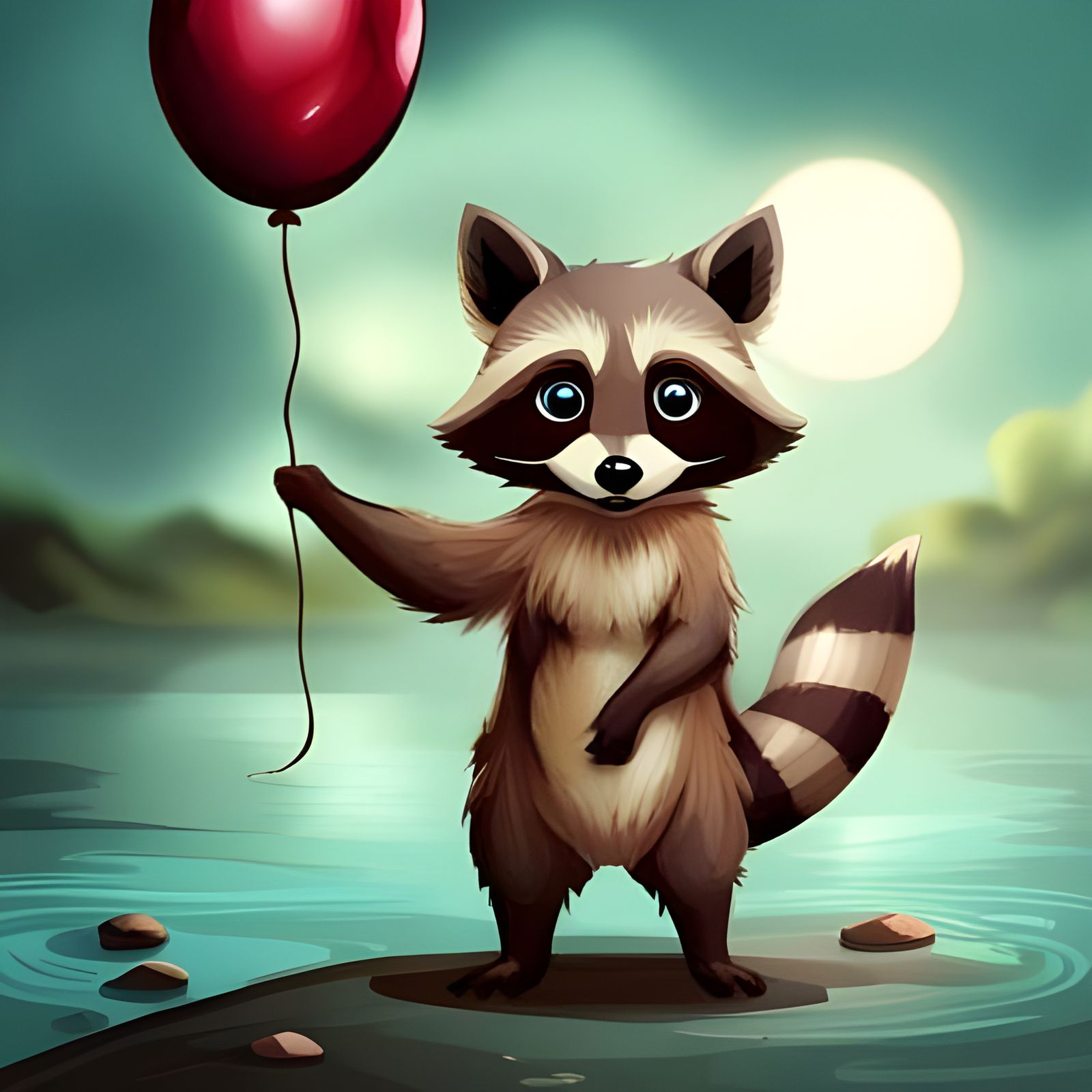 Adorable Raccoon with Balloon by Lagoon at Night