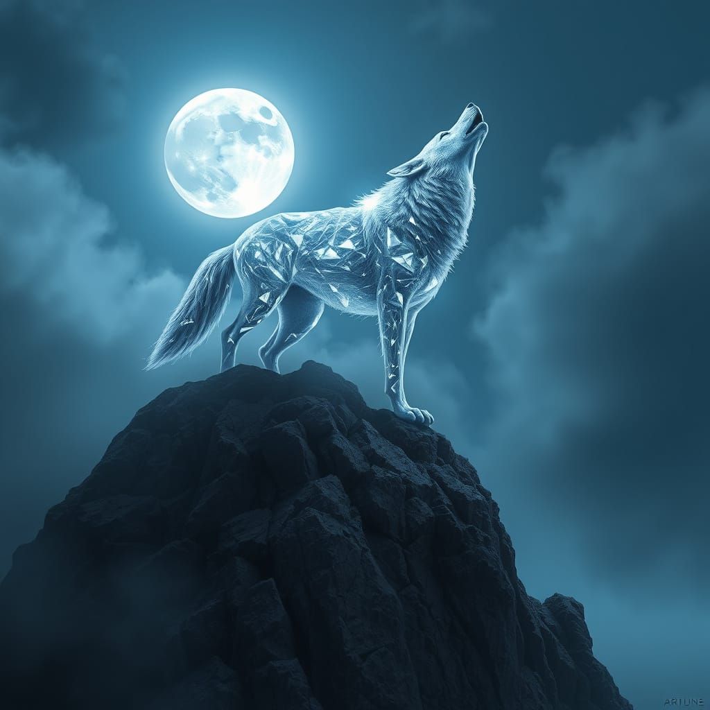 Wolf of Luminous Diamonds Weeps Under Full Moonlight