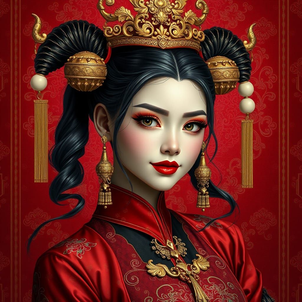 Asian Harley Quinn Portrait in Regal Style