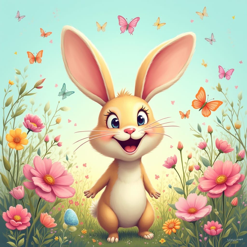 Colorful Easter Character in Whimsical Floral Landscape