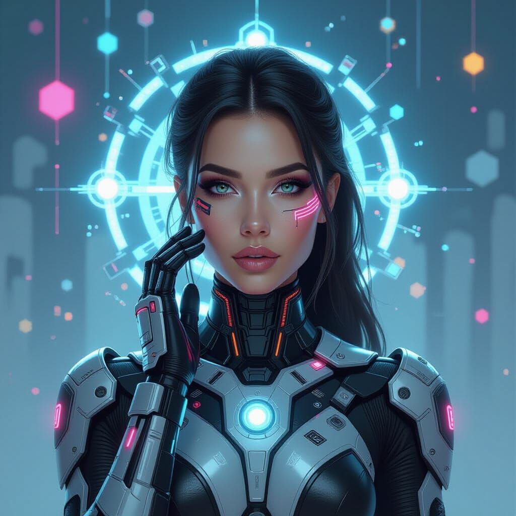 Cyborg Woman with Holographic Data Streams in Cyberpunk Styl...