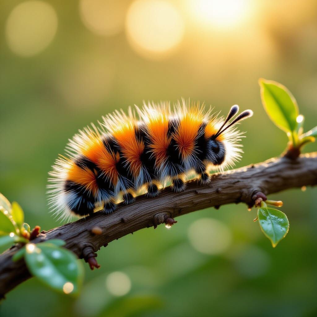 Photorealistic Woolly Bear Caterpillar in Morning Light