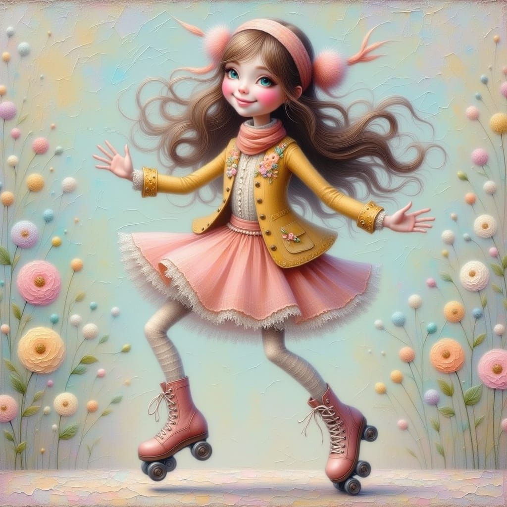 Quirky Girl on Roller Skates in Chalk Art Style
