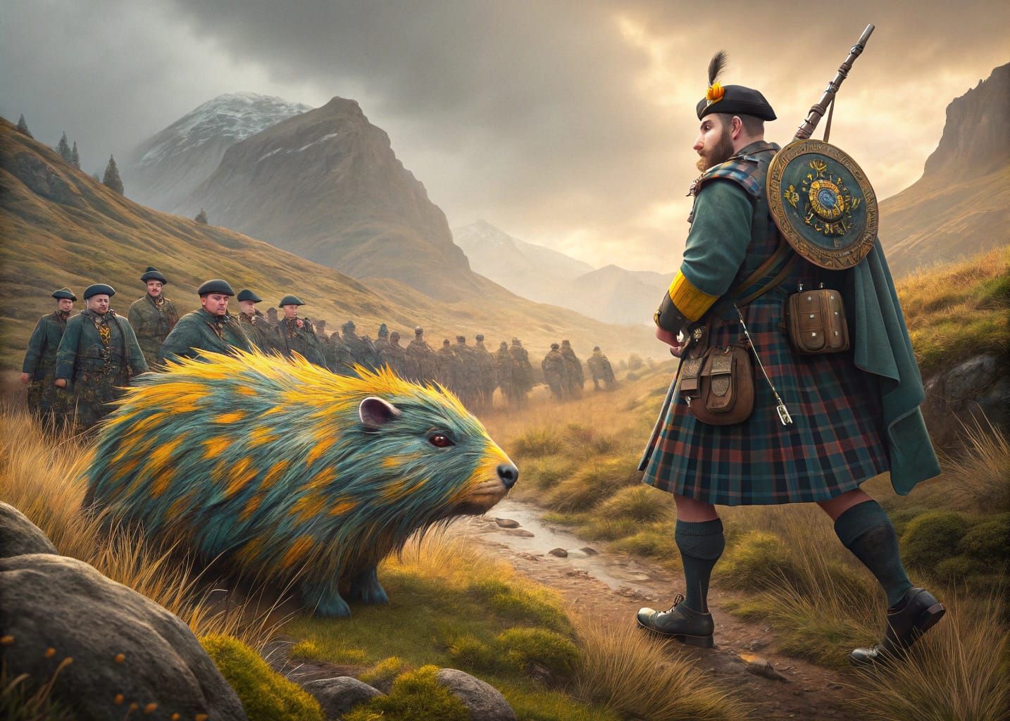 Scotsmen Herding Tartan Haggis in Scottish Highlands