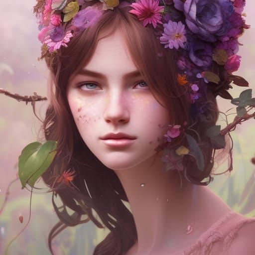 Lush Flower Garden Portrait in Art Nouveau Style