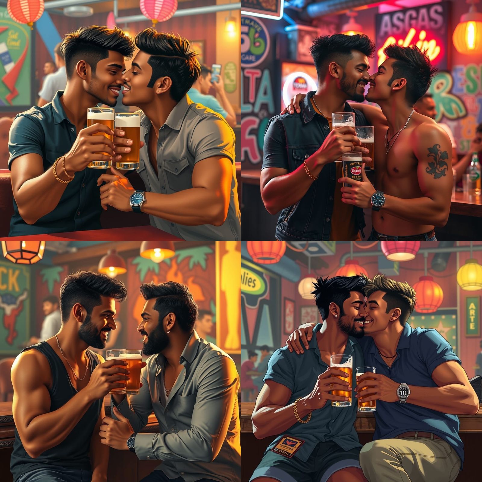 Intimate Bar Scene: Two Men Embrace in Hyperrealistic Style