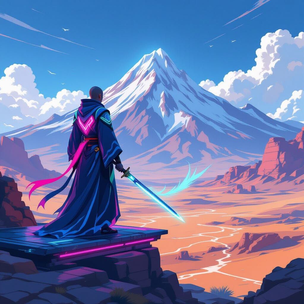 Neon Monk in Desert Valley: Anime-Inspired Art