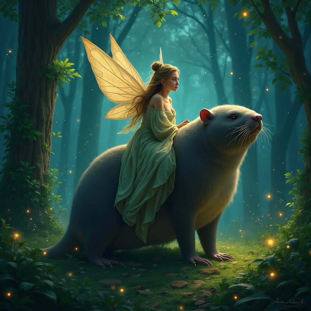 Fairy on Mole in Forest, Ultra-Realistic Digital Art