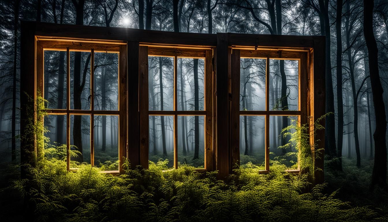 Ornate Window Overlooking Forest in Stormy Weather