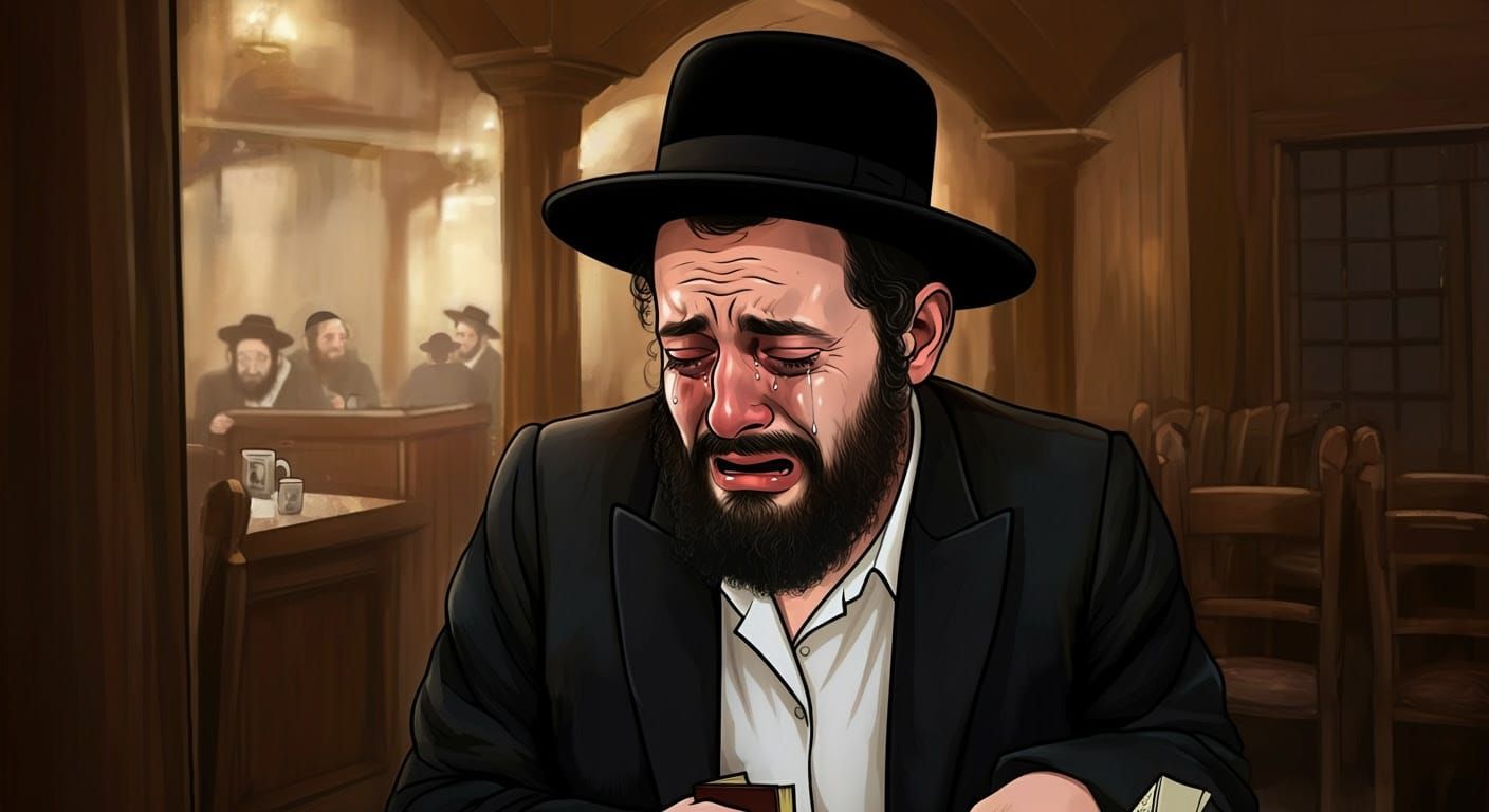 Hasidic Man in Emotional Distress, Traditional Synagogue Bac...