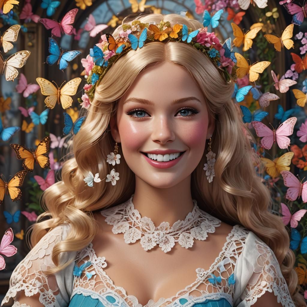 Lace and Butterflies: Hyperrealistic Portrait of Smiling Mod...