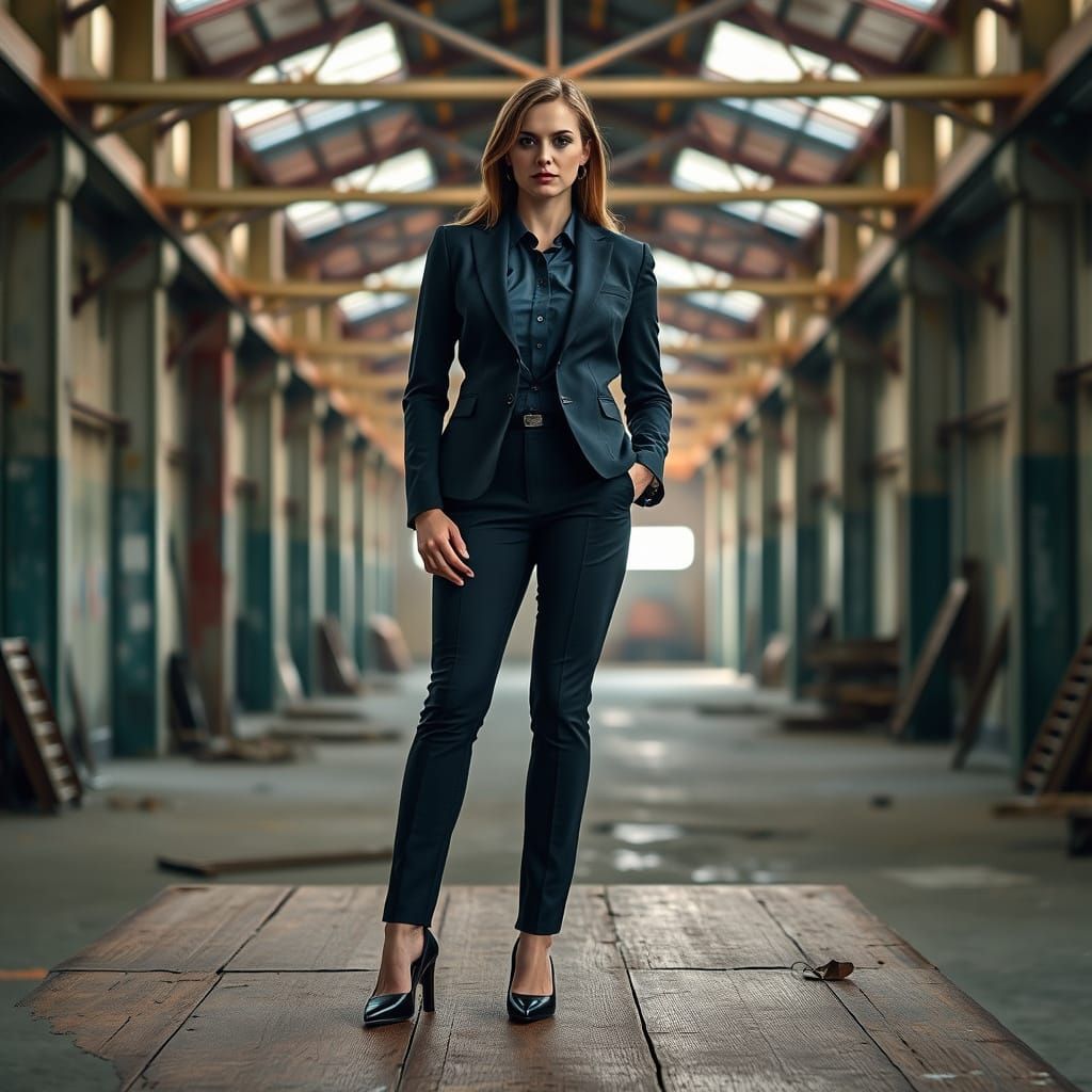 Determined Woman in Abandoned Warehouse Portrait
