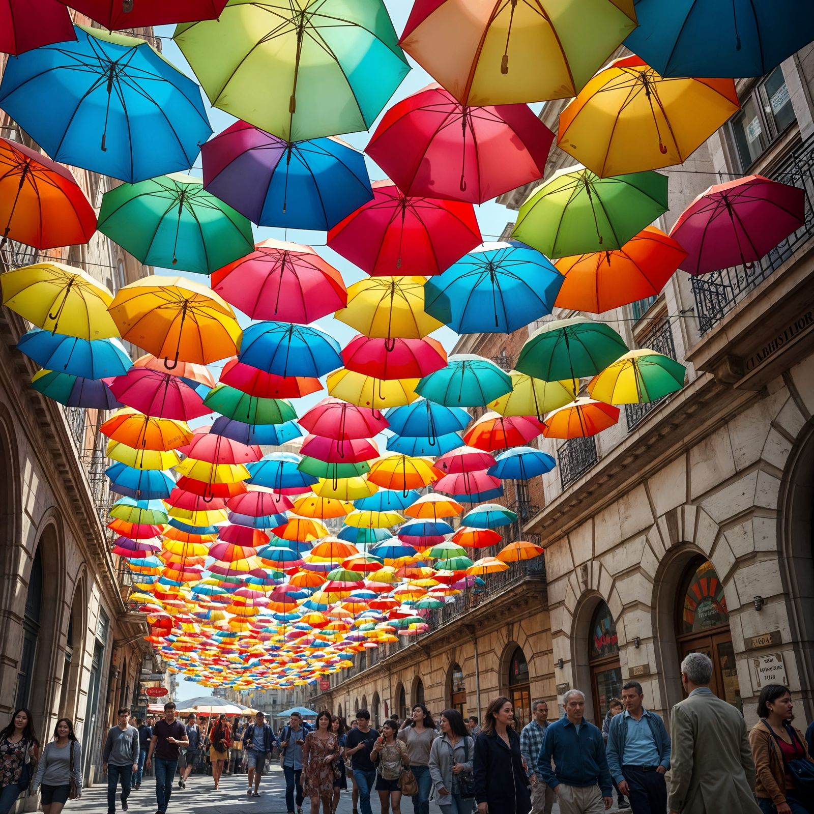 Vibrant City Street with Thousands of Colorful Umbrellas