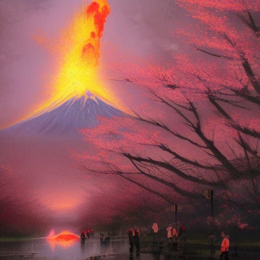 Mount Fuji Eruption with Cherry Blossoms, Dark Fantasy Art