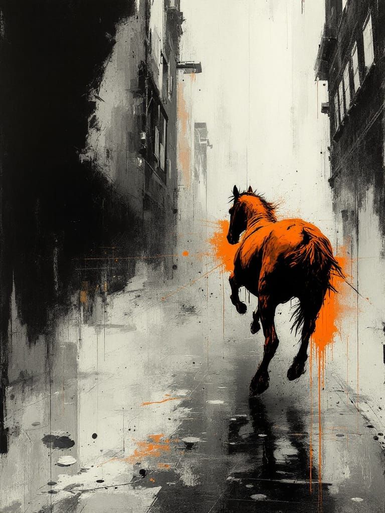 Visceral Horse Gallops Through Stark Walls in Bold Palette
