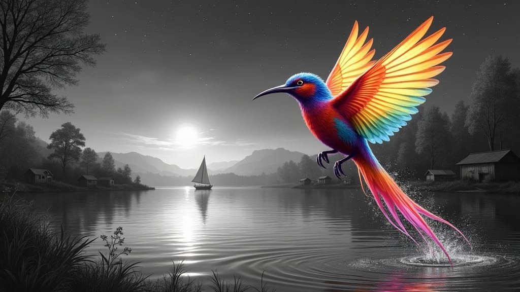 Rainbow Bird Drinking From River in Black and White