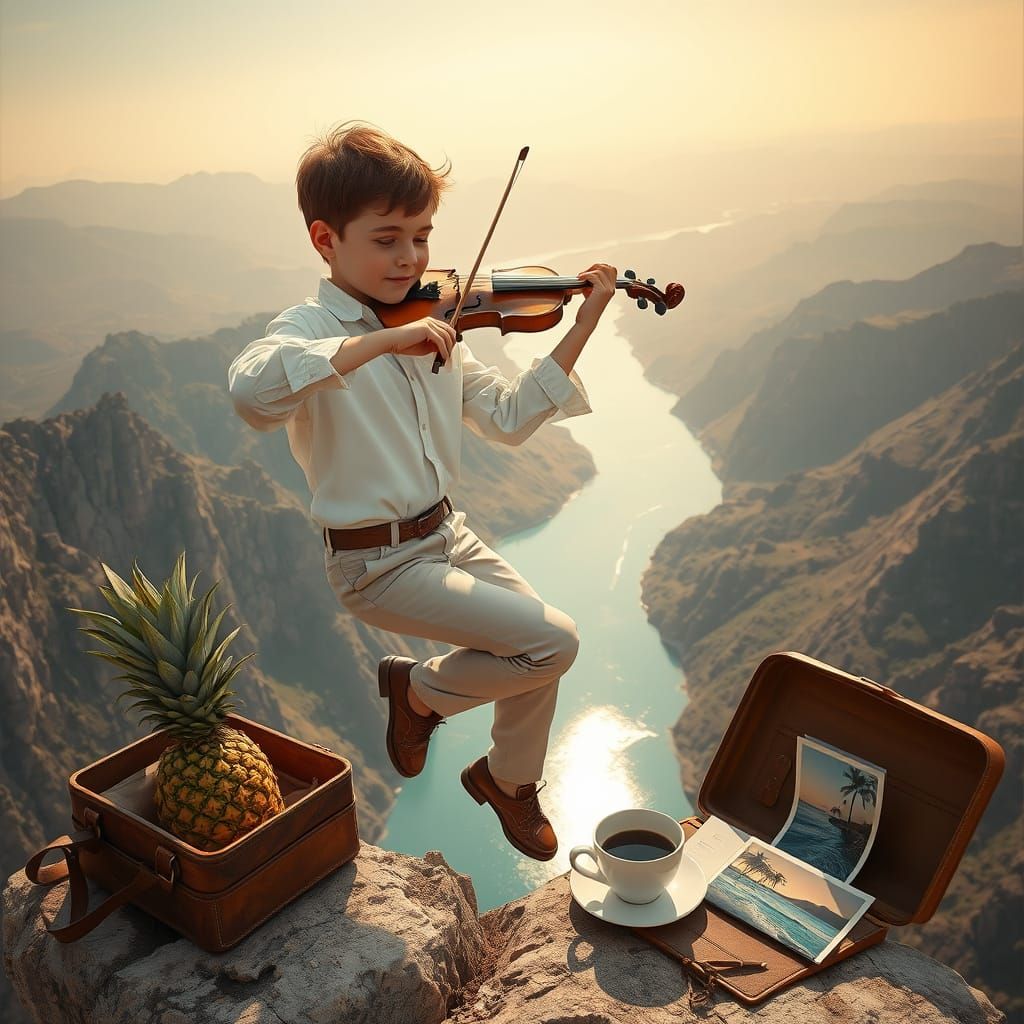 Joyful Boy Plays Violin on Mountaintop in Vibrant Landscape
