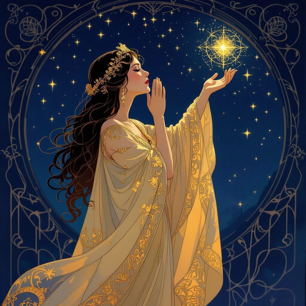 Mystical Woman Whispers Secrets to Night Sky