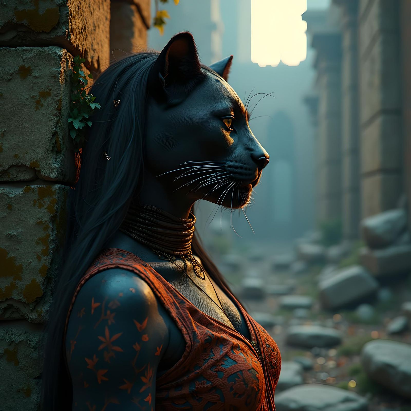 Panther Girl Fusion in Detailed Ruins, Art Nouveau Style