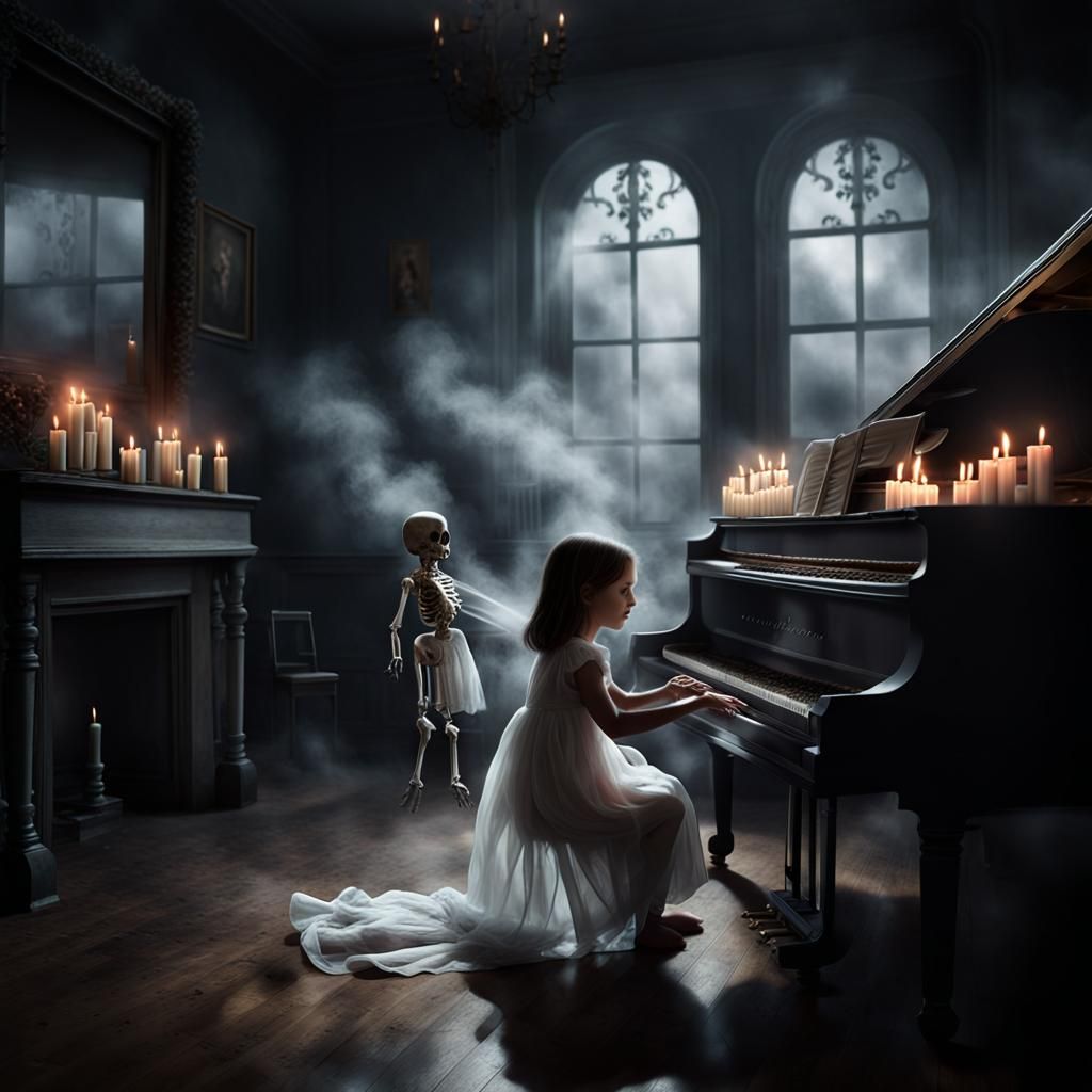 Eerie Piano Room with Ghostly Figure in 8k