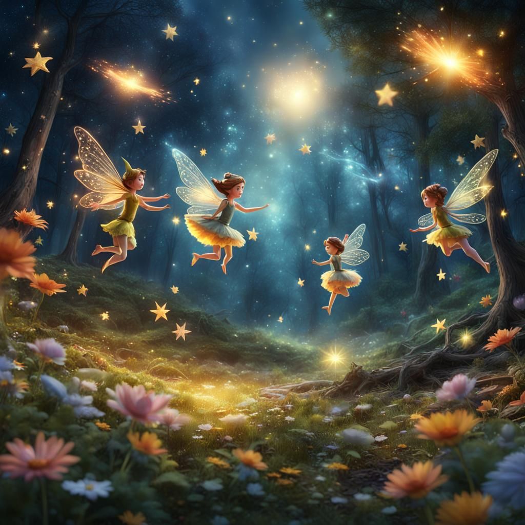 Watercolor Pixie Fairies Picnic in Forest Clearing