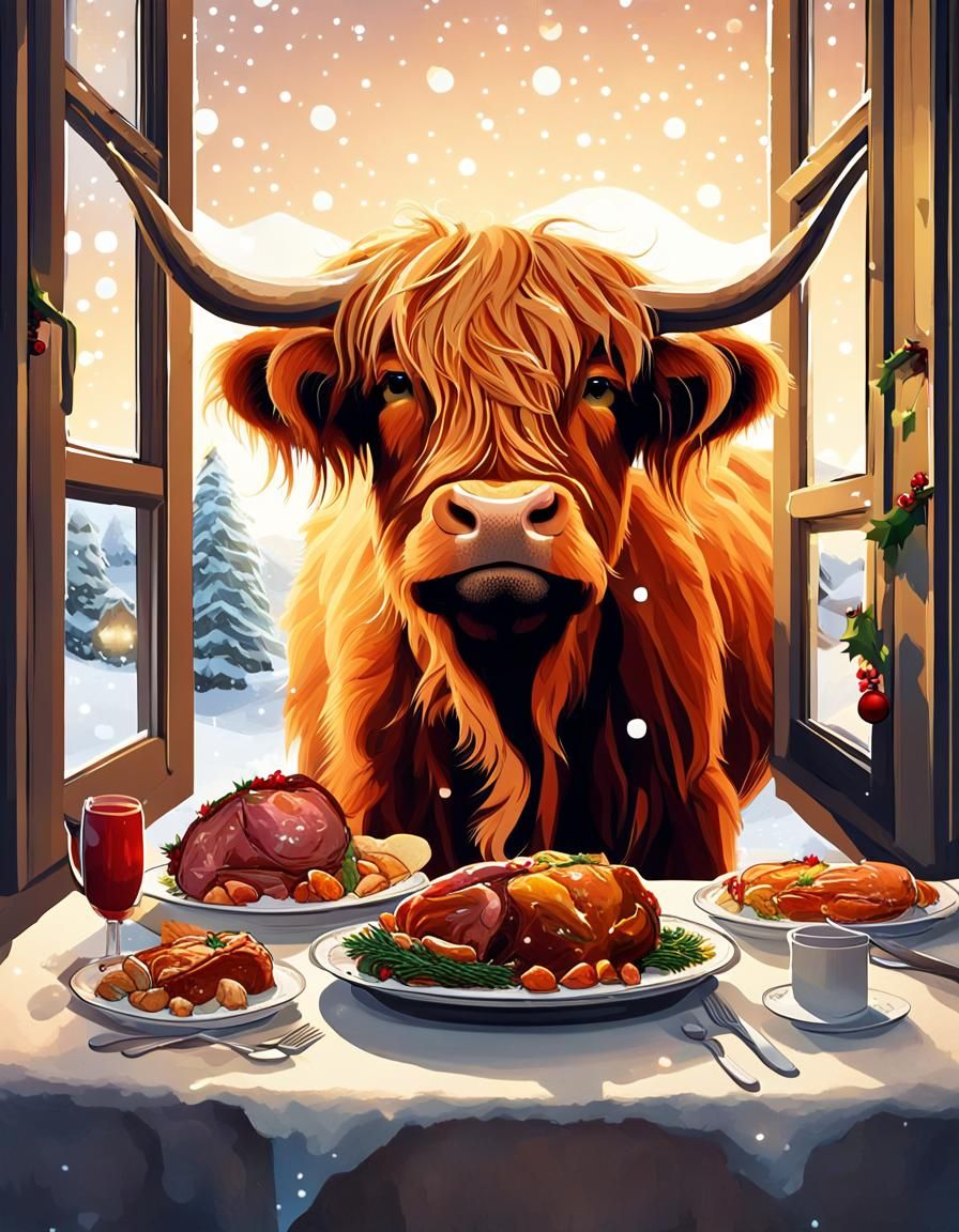 Highland Cow Steals Christmas Turkey: Whimsical Watercolor