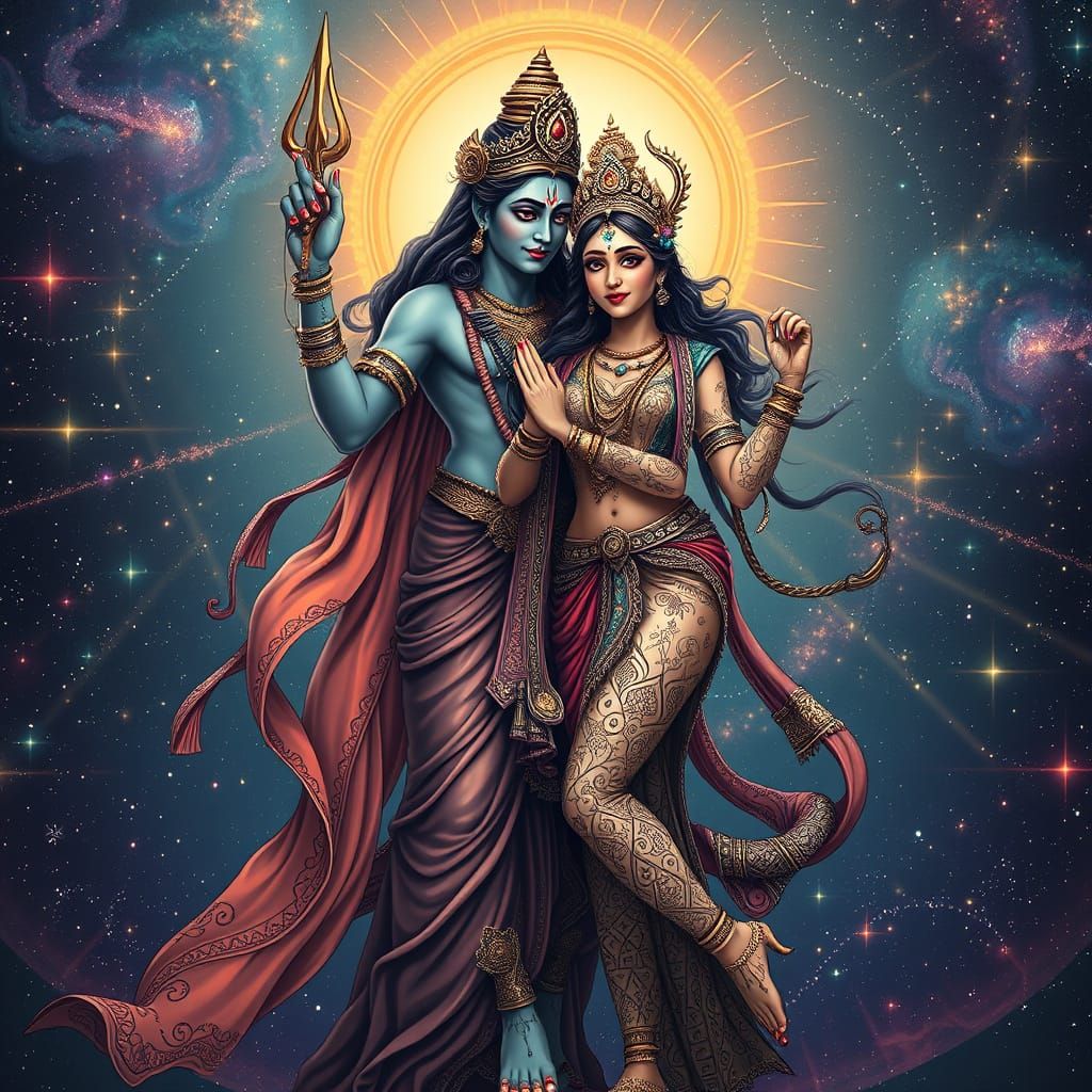 Shiva and Parvati Cosmic Dance in Futuristic Style