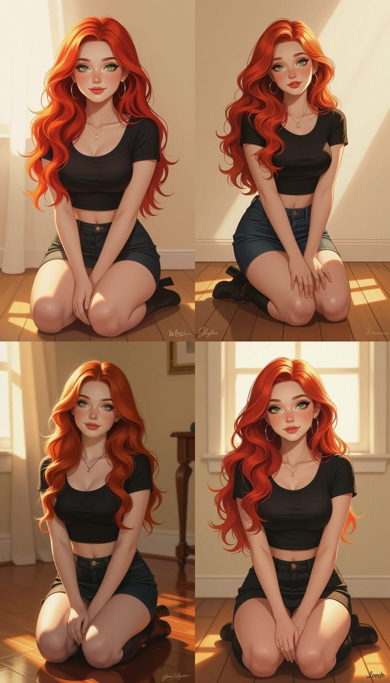 A beautiful young woman kneels on a wooden floor.