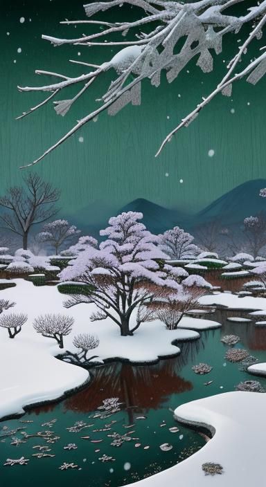 Snowflakes in Garden: Japanese Woodblock Print