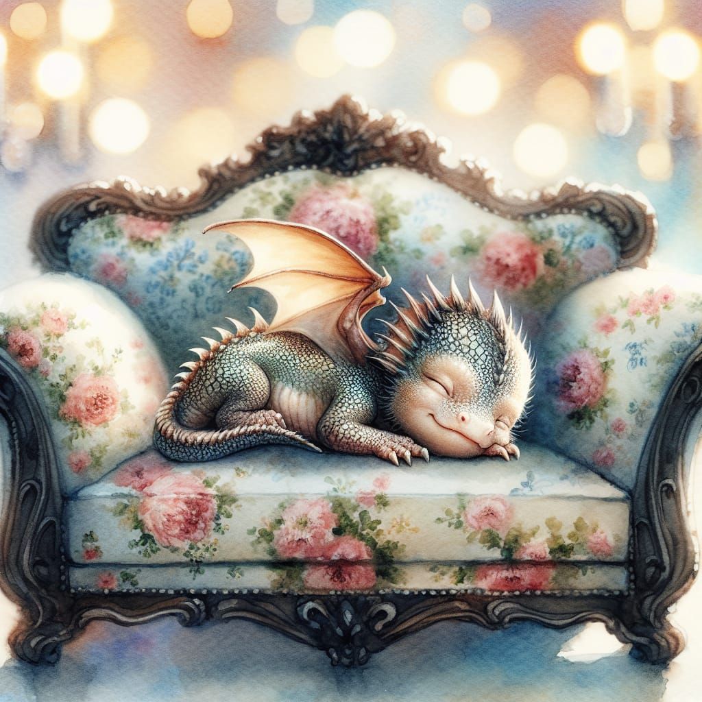 Baby Dragon Sleeps: Hyperrealistic Watercolor Illustration