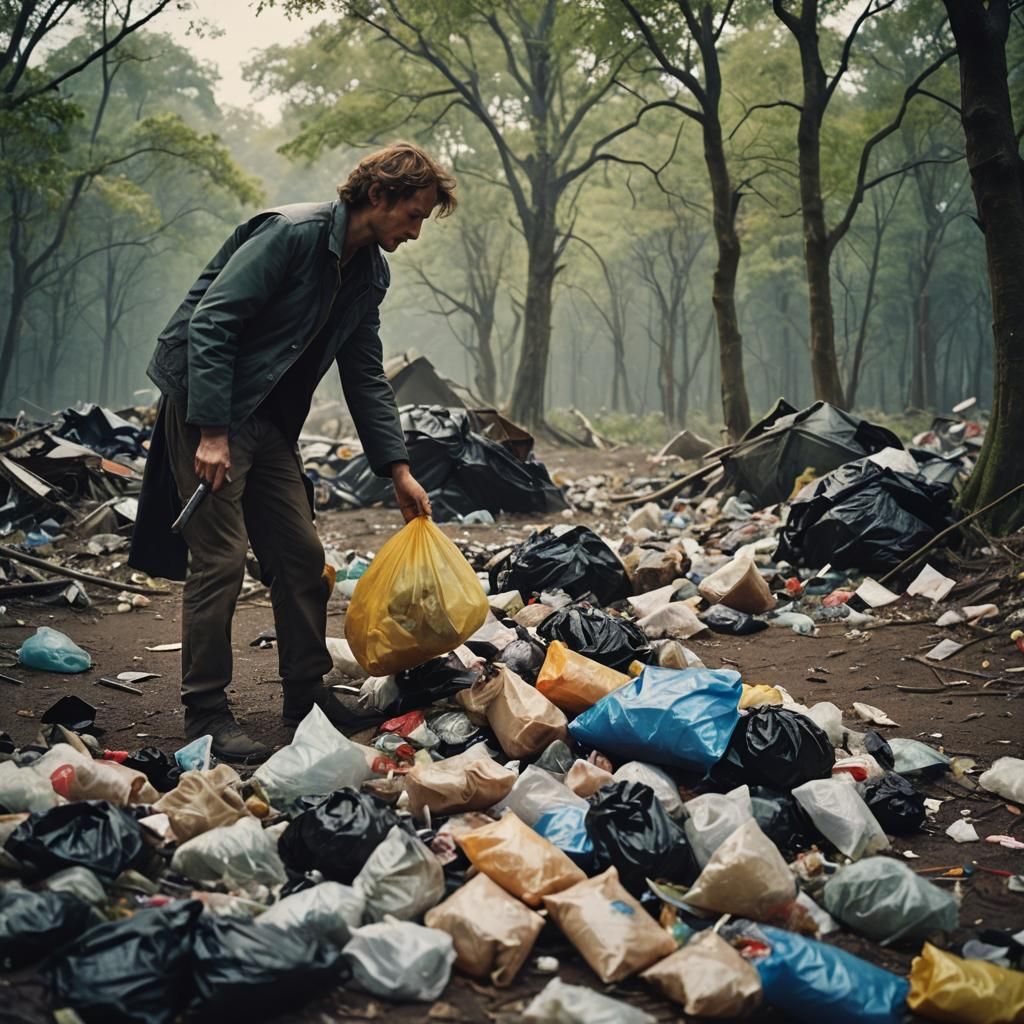Person Picking Up Rubbish in Cinematic Style