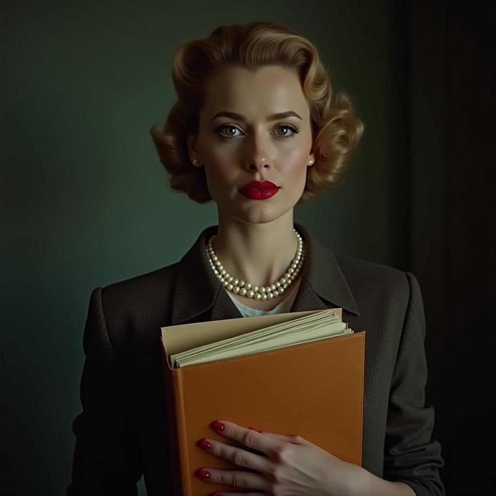 1950s Woman Holding Folders in Cinematic Film Style