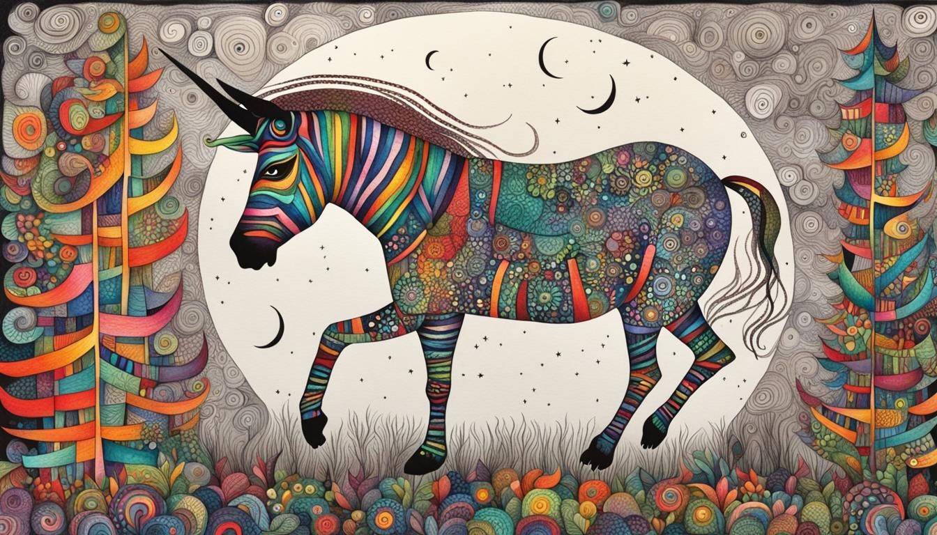 Colorful Zebracorn Walks Through Moonlit Forest