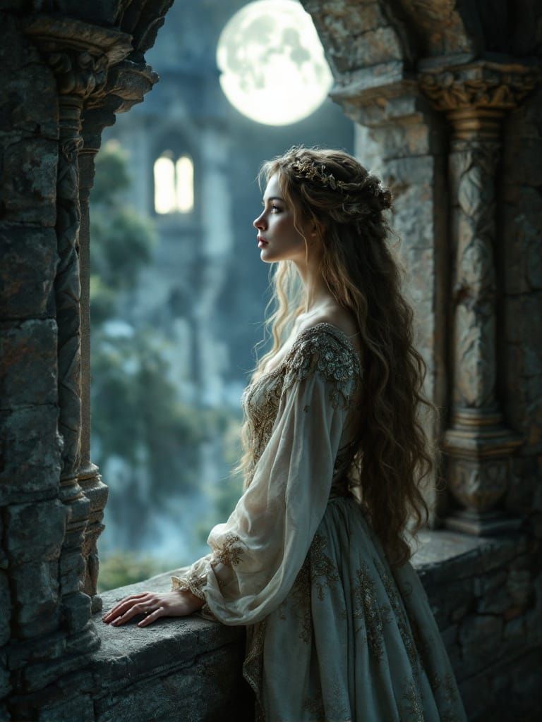 Medieval Woman in Moonlit Castle
