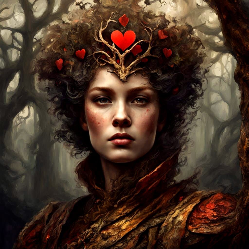 Queen of Hearts Card on Tree, Selective Color