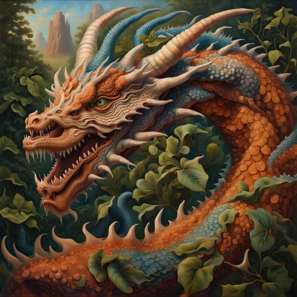 Botanical Dragon Oil Painting in Hyperrealistic Style