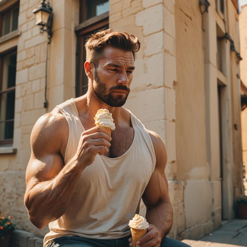 Cinematic Impressionist: Man Eating Ice Cream in Sunlight