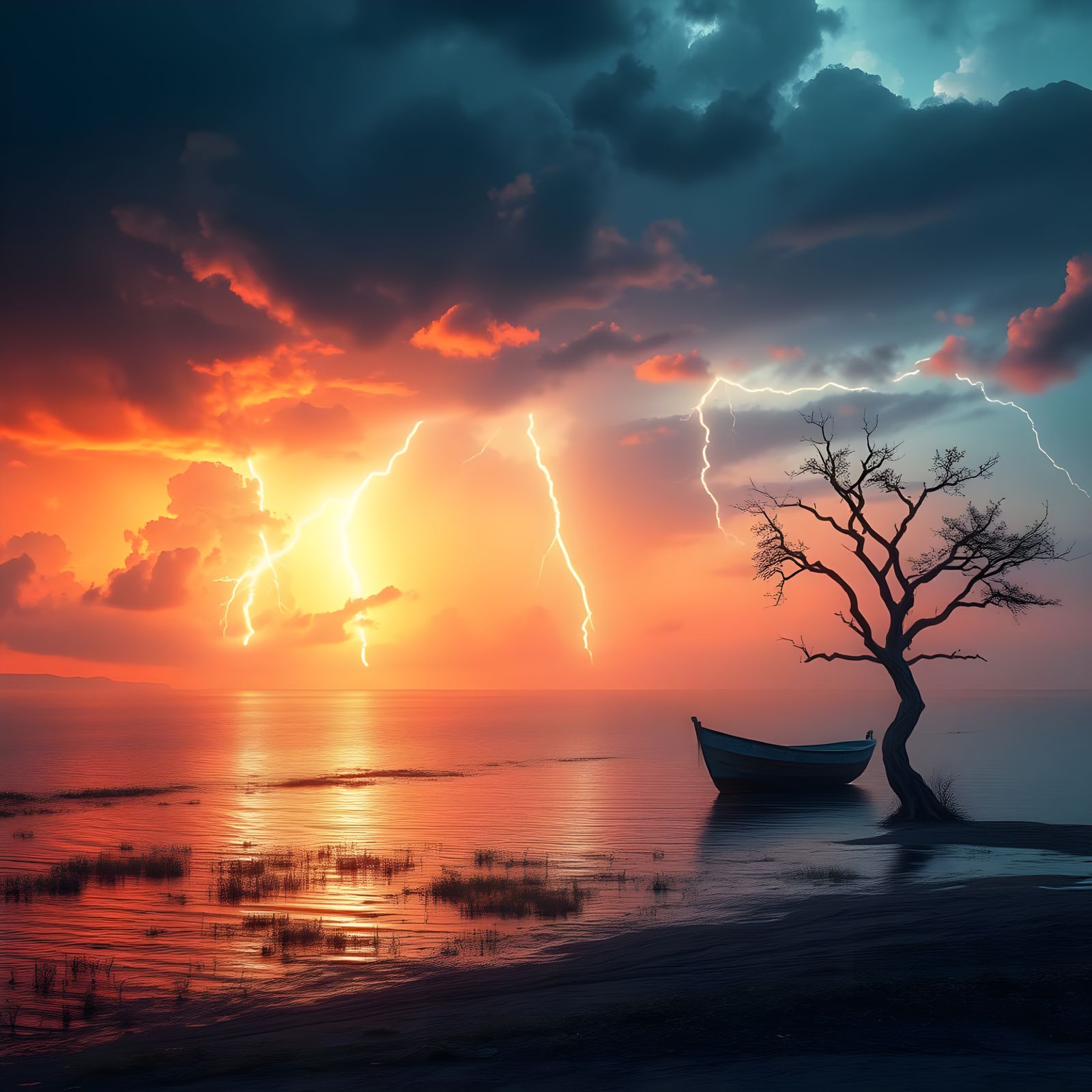 Dramatic Sunset Storm over a Serene Lagoon