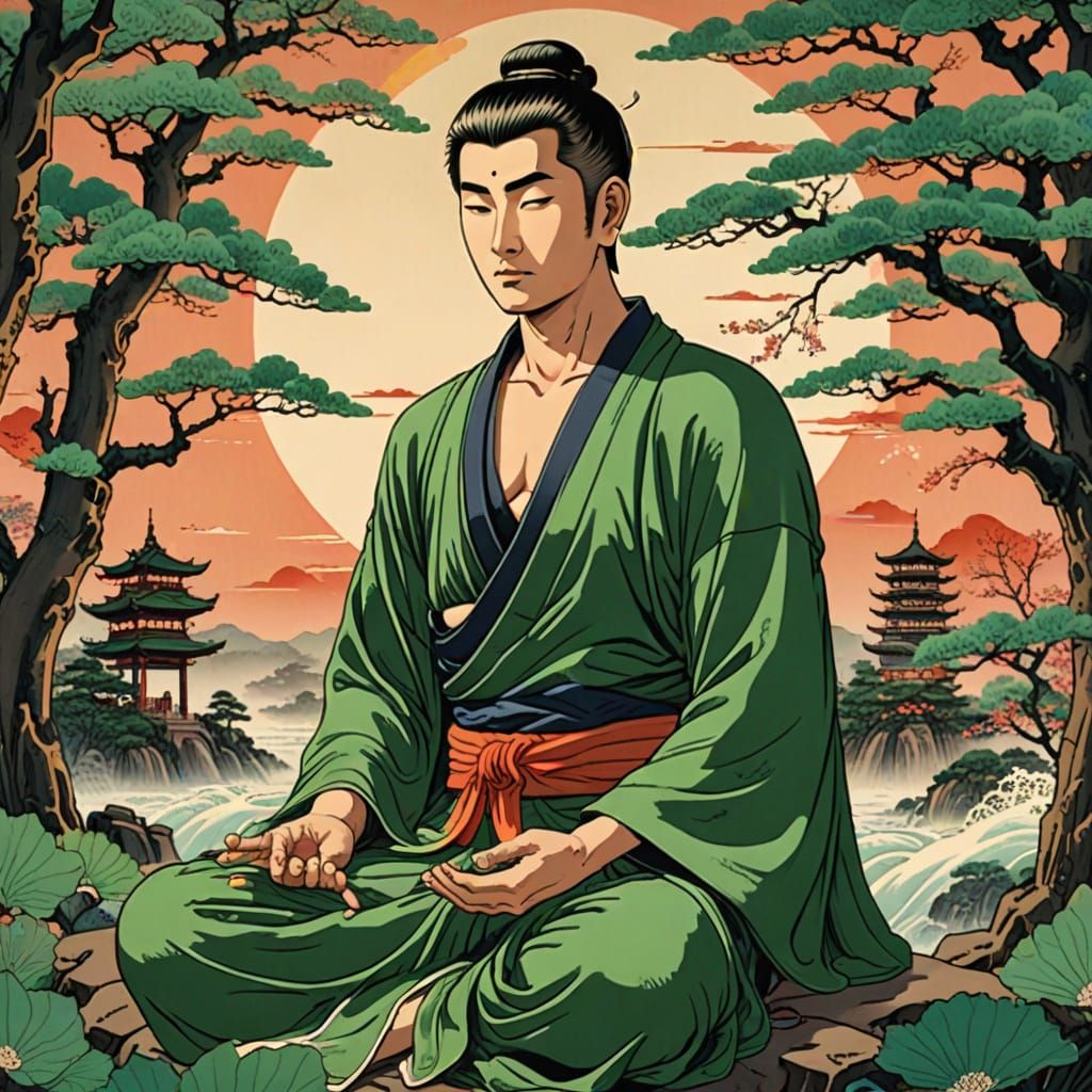 Muscled Asian Man in Ukiyo-e Style at Sundown